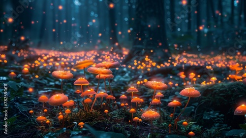 A field of glowing mushrooms carpeting the forest floor of an alien world AI generated illustration