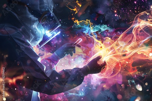 A man in a white lab coat is holding a device in his hand, surrounded by colorful, swirling lights. Concept of wonder and excitement, as if the man is exploring the mysteries of the universe