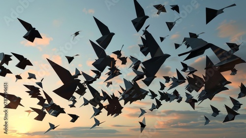 A flock of flying geometries AI generated illustration