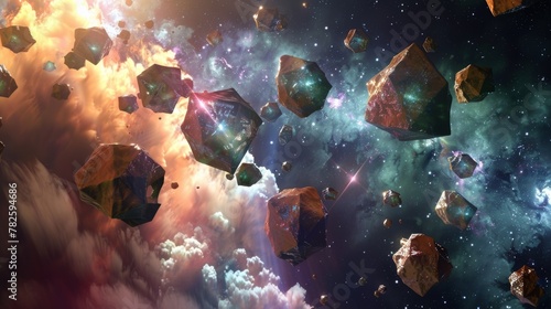 A formation of prismatic hexacontahedrons soaring through the celestial expanse  AI generated illustration photo