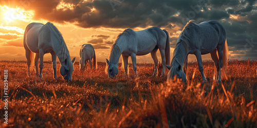 group of white horses grazing at sunset photo