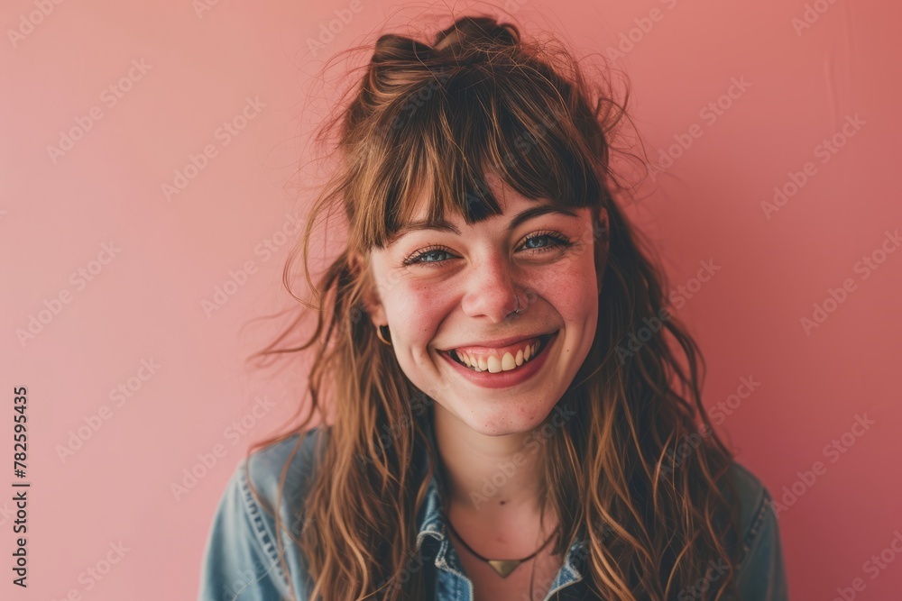 Portrait of a beautiful young woman smiling on a pink background. Portrait of a beautiful young woman smiling on a pink background.