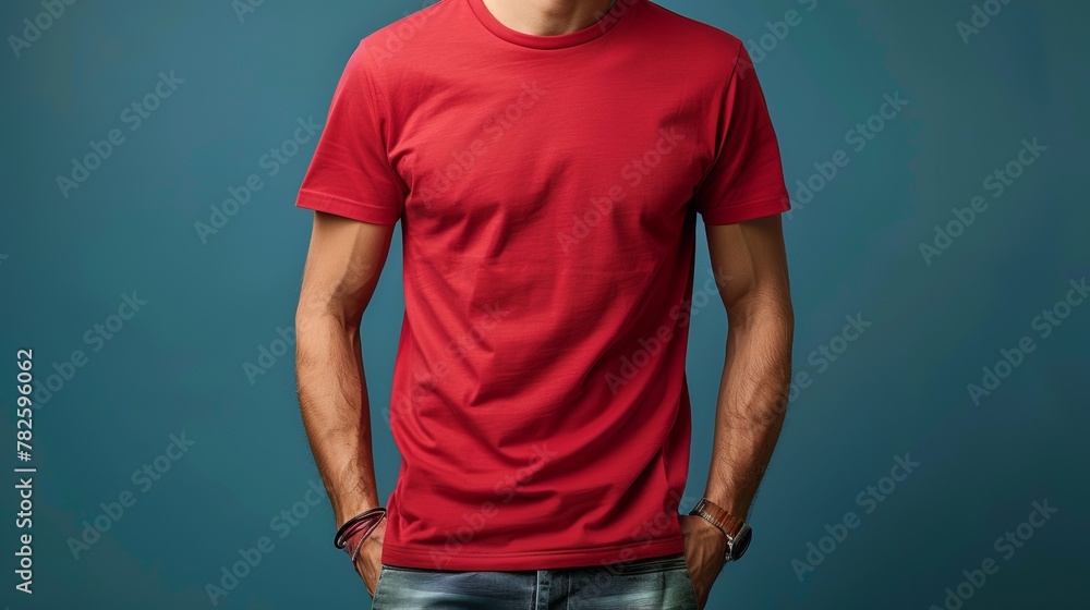 The photo shows a man wearing a simple but classic red T-shirt. The photo shows a man wearing a simple but classic red T-shirt.