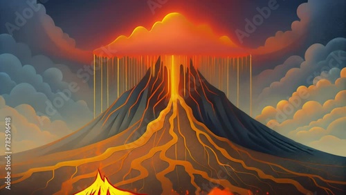 A volcano erupting with streams of data spewing forth molten lines of code that cascade down the sides of the mountain creating a fiery photo