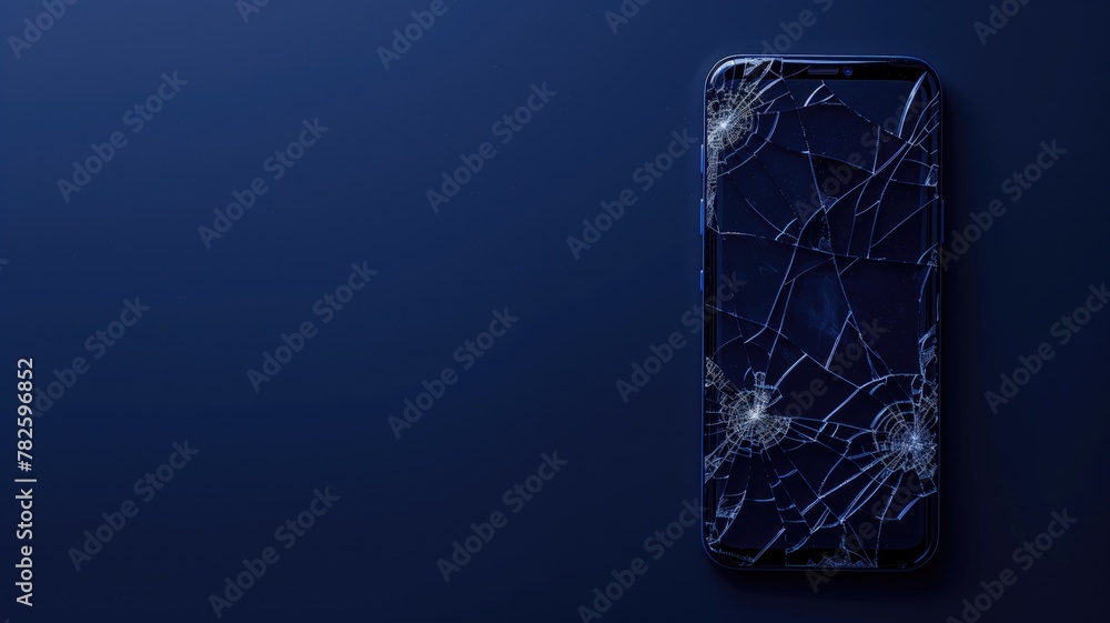 Smartphone with severely cracked screen lies against dark blue background Smartphone with severely cracked screen lies against dark blue background
