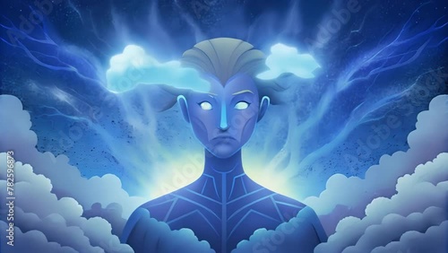 A digital avatar channeling the chaotic energy of a thunderstorm symbolizing the unpredictable but calculated nature of CyberThunders actions.