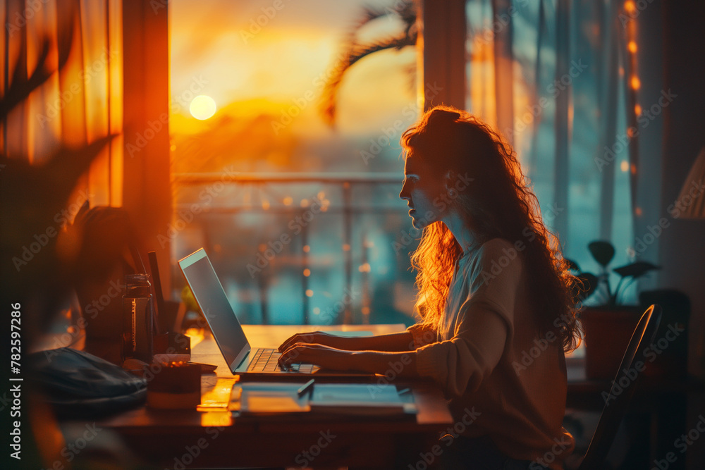 Woman Working on Laptop, Sunset Backdrop, Remote Work Concept Woman Working on Laptop, Sunset Backdrop, Remote Work Concept