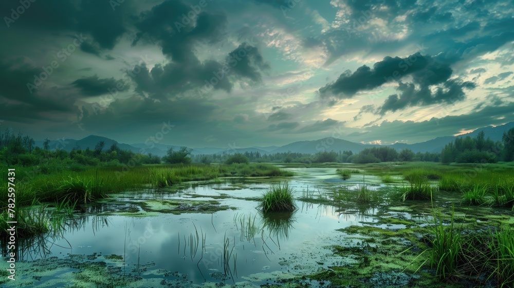 Lush green wetland under dramatic cloudy sky at twilight Lush green wetland under dramatic cloudy sky at twilight