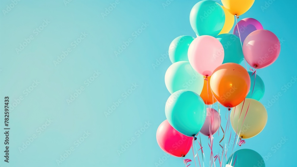 Colorful balloons floating against clear blue sky background