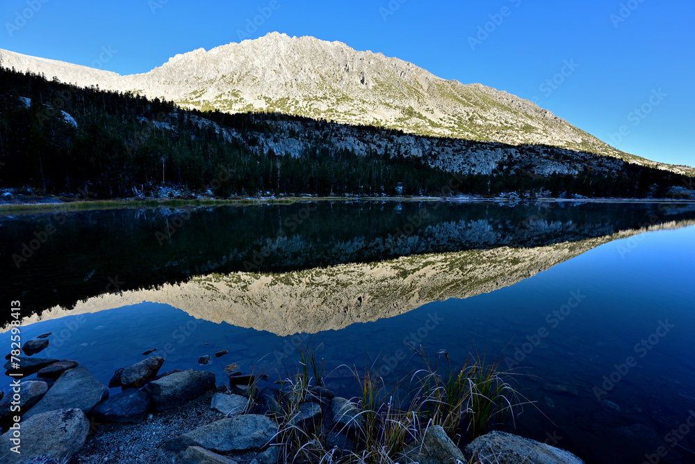Mount Starr reflected in Heart Lake, John Muir Wilderness in California.
