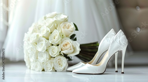 Wedding background. White elegant high heel wedding bridal shoes and beautiful white roses flower bouquet