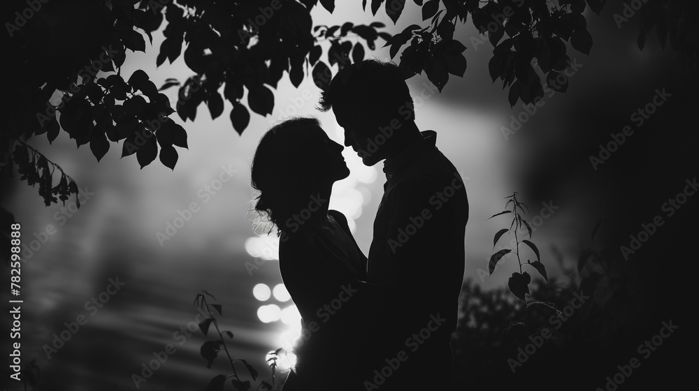 A couple is kissing in the woods at sunset