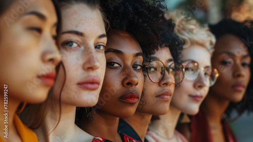 A group photograph of diverse young women from different ethnicities, races, and colors, DEI concept background, Diversity Equity Inclusion, defocused perspective