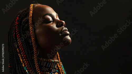 Against a dark background a black woman stands tall and unapologetically bold. Her long braided hair and statement beaded necklace exude a sense of culture and pride radiating from .