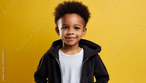 ai generative of a sweetheart young boy, with black jacket; yellow backgrounds; mock-up photo