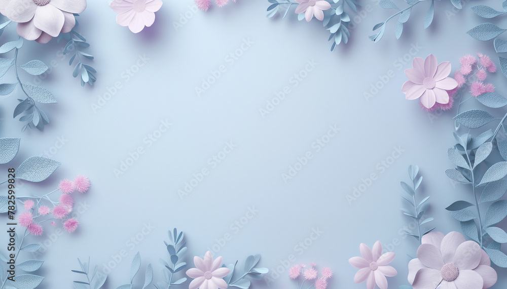 Floral frame with soft pink and light blue flowers. Minimalistic 3D celebration design with copy space.