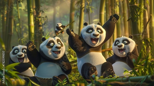 A group of pandas frolicking in a bamboo forest their fluffy fur rendered in vibrant colors   AI generated illustration photo
