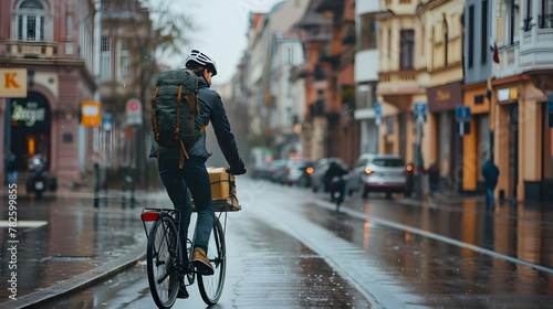 Urban Cycling Deliveryman: Efficiently Navigating City Streets on Stylish Bicycle to Deliver Food and Drinks for Town's Hungry Residents