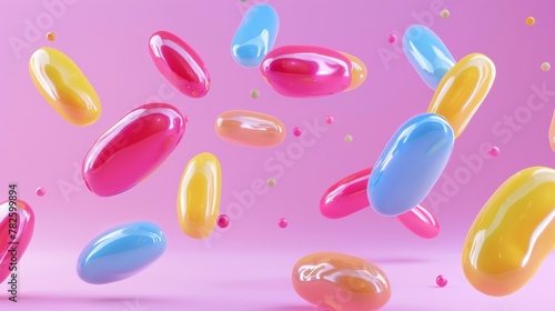 A group of sparkling jelly beans  d style isolated flying objects memphis style d render  AI generated illustration