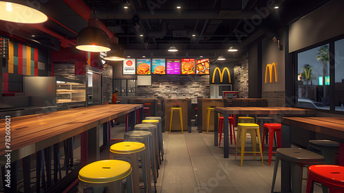 McDonald's - A Global Fast-Food Chain: Inside a Kiev, Ukraine Restaurant Showcasing Tall Tables and Colorful Bar Stools