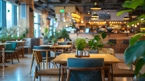A Serene Haven: Uncluttered Food Court Interior Oasis with Greenery and Sunlight, Encapsulating the Essence of Modern Dining Trends