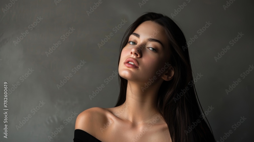 A minimalistic studio portrait of a brunette woman with long hair showcasing her elegance   AI generated illustration