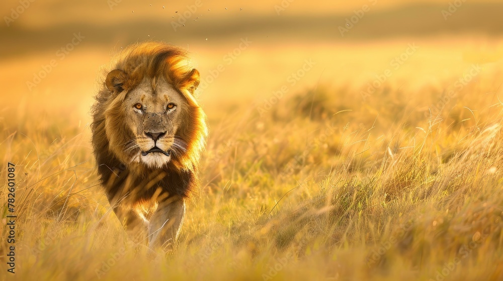 A powerful lion prowling through the tall grass of the savanna its golden fur shining in the sunlight   AI generated illustration