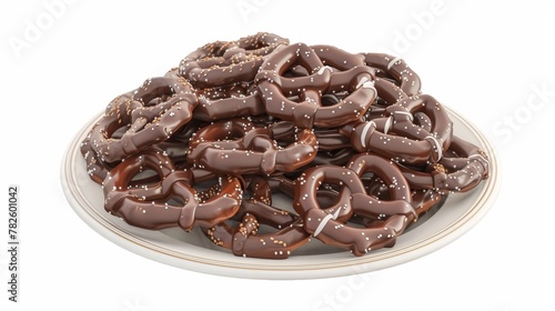 A platter of chocolate-dipped pretzels d style isolated flying objects memphis style d render AI generated illustration