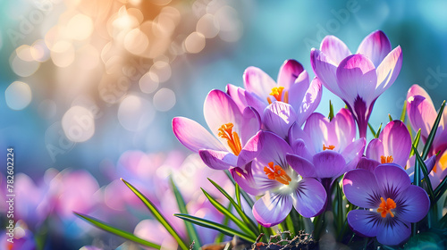 Wild purple crocus blooming in spring field. Crocus heuffelianus or saffron flowers. Springtime landscape.  Beautiful morning with sunlight. Floral background for card  banner  poster with copy space