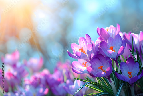 Wild purple crocus blooming in spring field. Crocus heuffelianus or saffron flowers. Springtime landscape. Beautiful morning with sunlight. Floral background for card, banner, poster with copy space