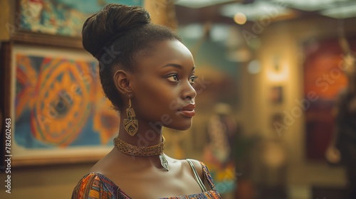 A woman with a stylish updo is captured in a warmly lit space, surrounded by art, wearing vibrant cultural attire