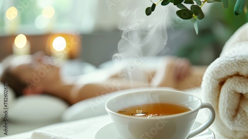 The focus of the image is on a cup filled with herbal tea steaming gently as the patient sips it during their massage therapy session. The the can be seen in the background explaining .