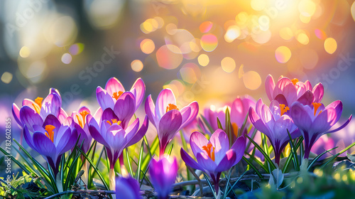 Wild purple crocus blooming in spring field. Crocus heuffelianus or saffron flowers. Springtime landscape.  Beautiful morning with sunlight. Floral background for card  banner  poster with copy space