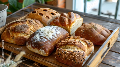 Various healthy bread on a wooden tray