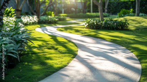 White walkway sheet in the garden, green grass with cement path Contrasting with the bright green lawns and shrubs,