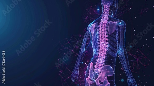 Abstract mesh line and dot physiotherapy human spine. Low poly Pain area surgery operation. photo