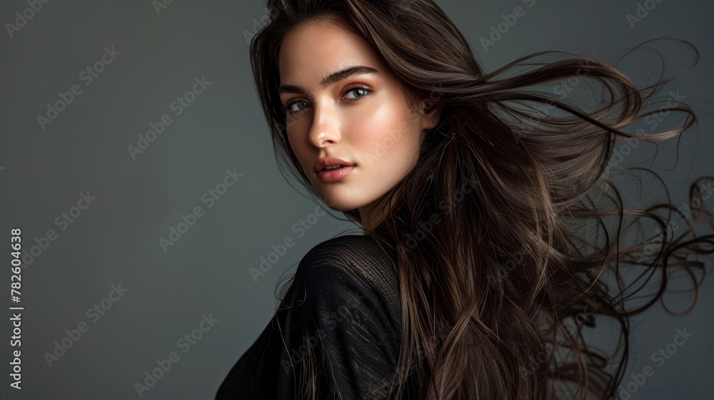 A sleek magazine-worthy photo of a stylish brunette woman with long hair posing in a studio AI generated illustration A sleek magazine-worthy photo of a stylish brunette woman with long hair posing in a studio AI generated illustration