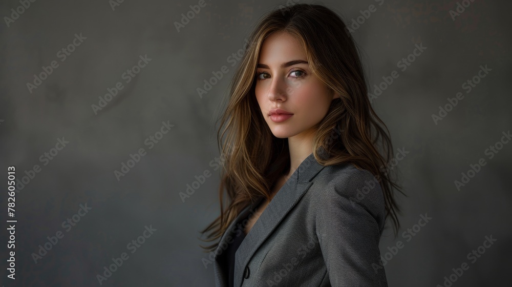 A stylish magazine-worthy photo of a stunning brunette female in a blazer posing in a studio   AI generated illustration