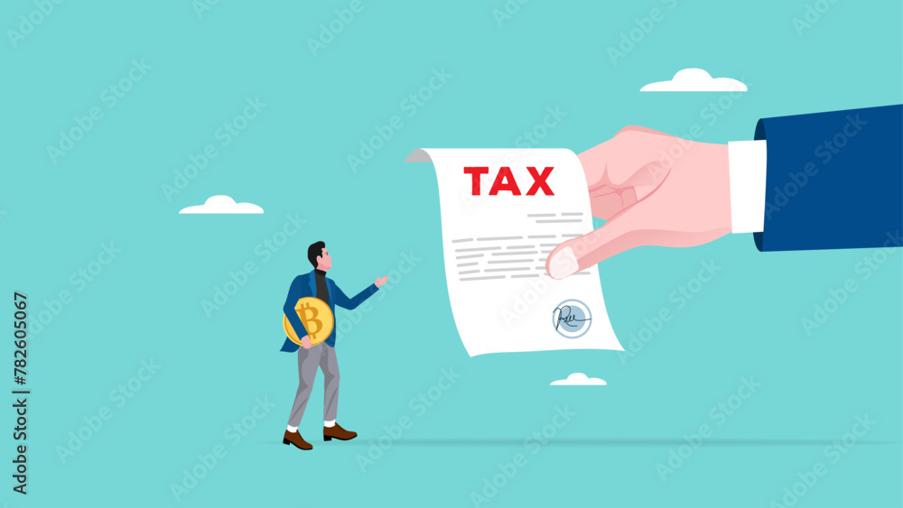 Crypto currency tax burden, businessman investor holding bitcoin surprised by government hand issue tax bill concept vector illustration Crypto currency tax burden, businessman investor holding bitcoin surprised by government hand issue tax bill concept vector illustration