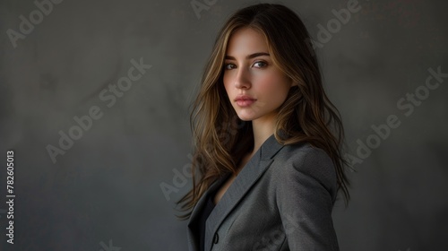 A stylish magazine-worthy photo of a stunning brunette female in a blazer posing in a studio AI generated illustration