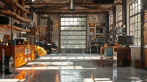 A sunlit car garage with industrial aesthetics   AI generated illustration