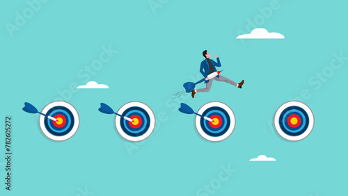 achieve business target by completing work, goals accomplished concept, task management to achieve career success, businessman jumping while carrying darts to stick into the dartboard to achieve goals
