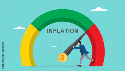 Financial Crisis Management Process, Finding a solution to the problem of inflation, Inflation estimator concept, inflation management, business people push the inflation measuring needle to lower it