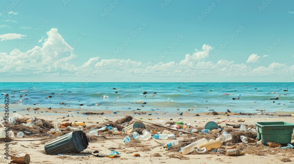 Many rubbish on the beach with backdrop are blurred blue sky and Many rubbish on the beach with backdrop are blurred blue sky and