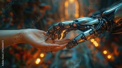 Human and robot hands reach out to each other, fingertips almost touching, in a dark scene with soft bokeh light in the background photo