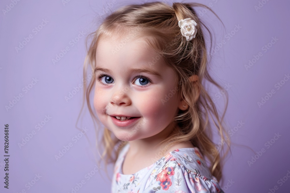 Portrait of a beautiful little girl on a purple background in studio Portrait of a beautiful little girl on a purple background in studio