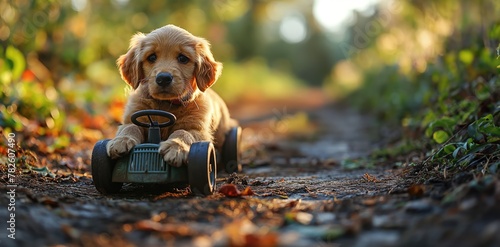 cute dog driving small retro car. Created with Generative AI.	