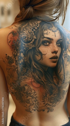 Artistry on skin: creative and beautiful tattoo adorning the back of a woman's body, a masterpiece of personal expression and aesthetic allure, celebrating the beauty of individuality