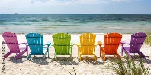 Six colorful Adirondack chairs on beach, blue, green, yellow, orange, purple, sunny day, sea view. Copy space.