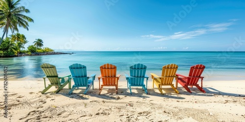 Six colorful Adirondack chairs on tropical beach with ocean view  blue sky  and palm trees. Copy space.